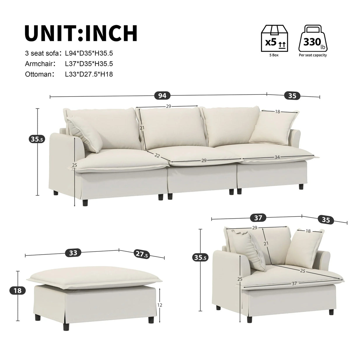 Living Room Set Modular Sectional Couch, Upholstered Sofa & Armchair & Movable Ottoman - Furniture Home Direct