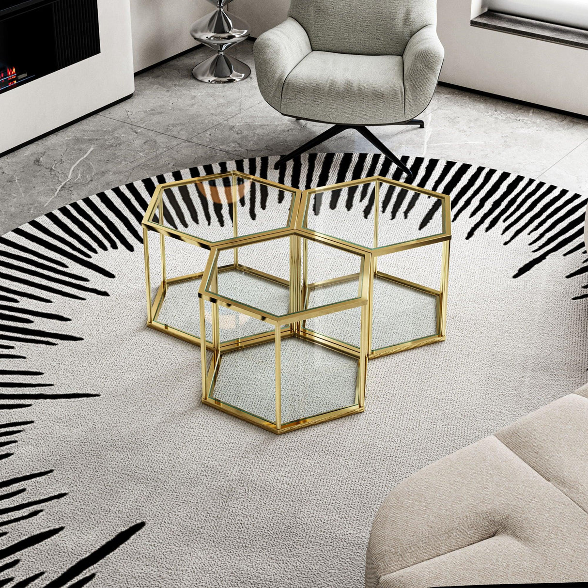 Modern Coffee Table With Double Layer Tempered Glass And Polygonal Design - Furniture Home Direct