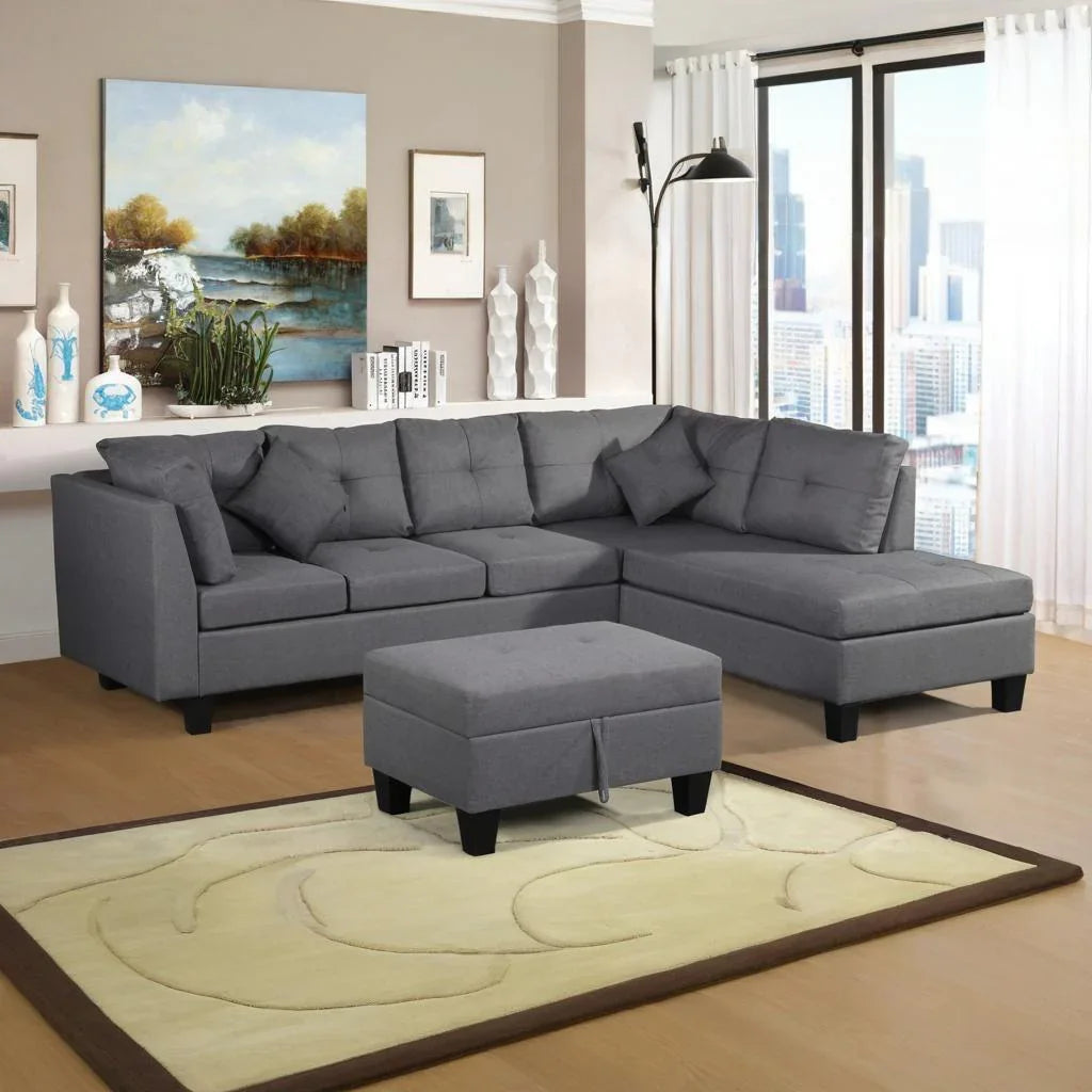Sectional Sofa Set For Living Room With Right Hand Chaise Lounge And Storage Ottoman - Gray - Furniture Home Direct
