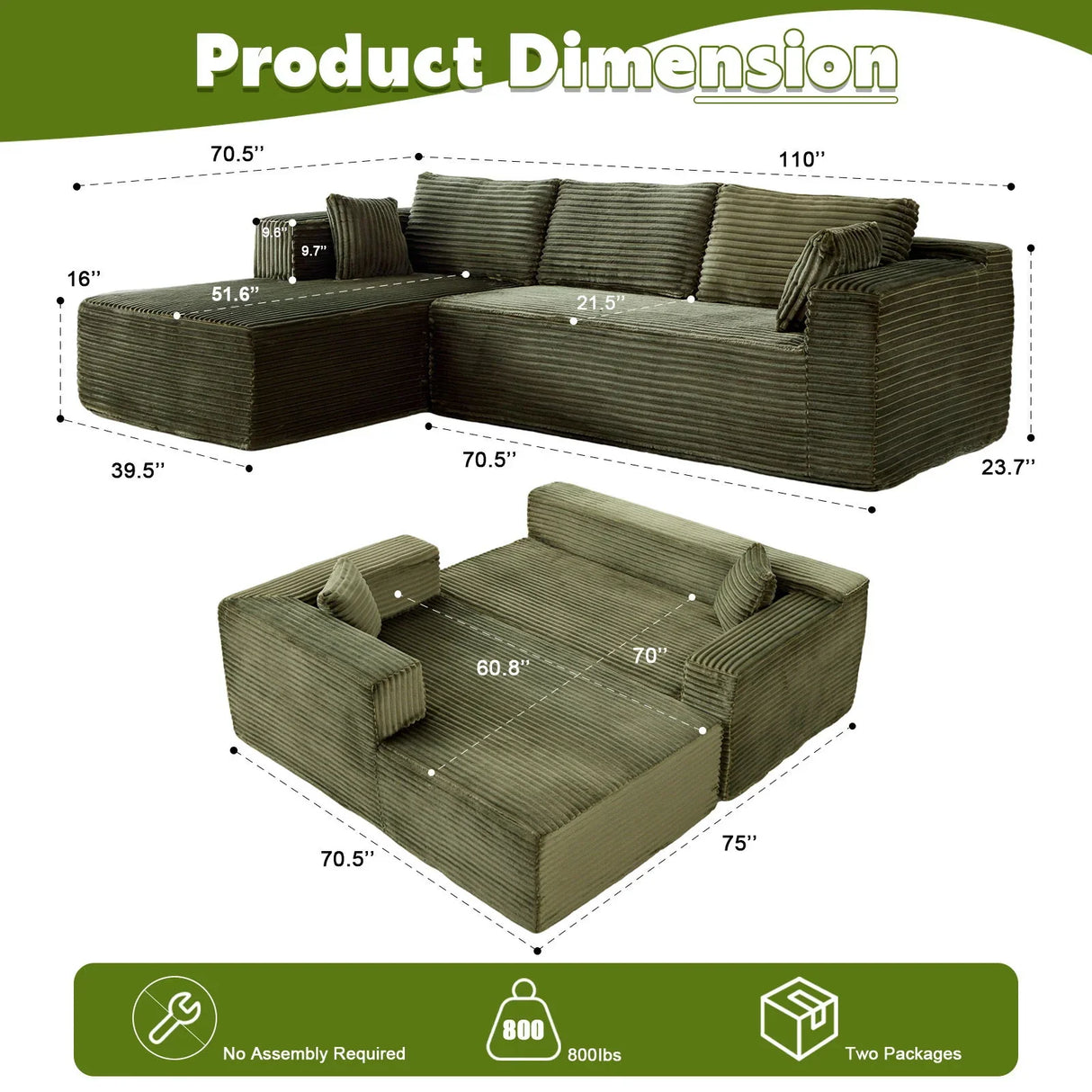 Compression Sectional Couch With Comfy Chaise, Boneless L Shape Sofa With Deep Seat - Furniture Home Direct