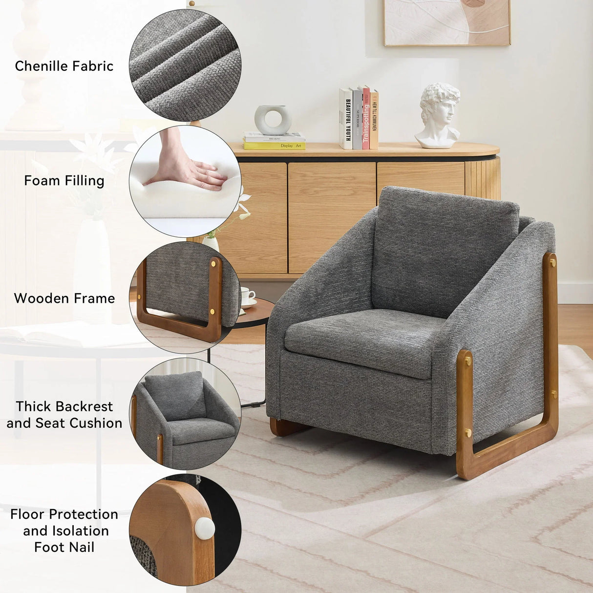 Modern Chenille Upholstered Armchair With Wooden Side Frame - Furniture Home Direct