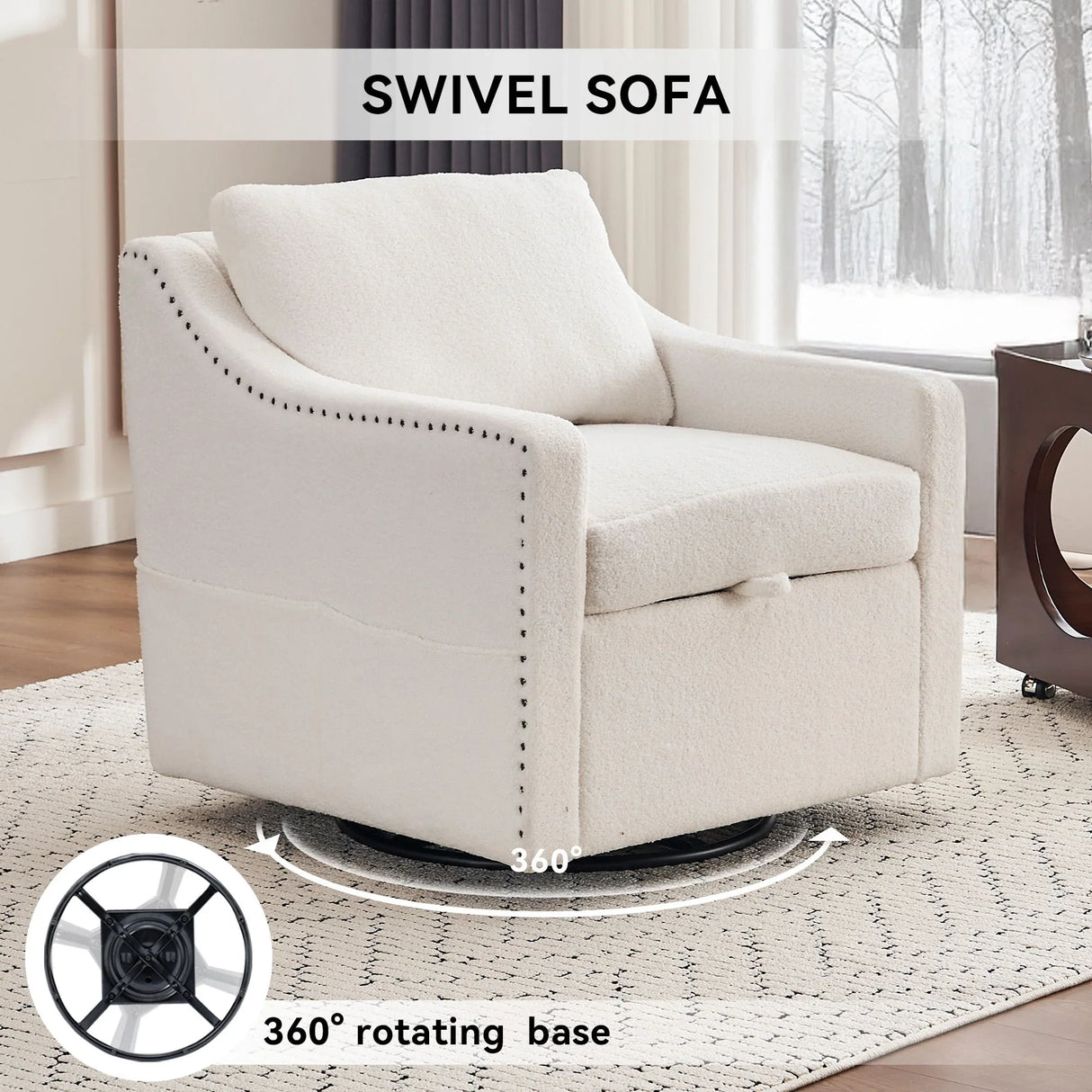 Linen Fabric 360° Swivel Accent Chair With Upholstered Back Pillow And Rivet Armrest - Furniture Home Direct