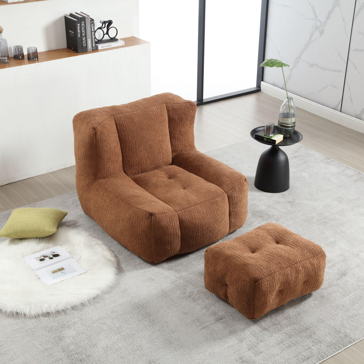 Modern Indoor Fluffy Bean Bag Chair With Memory Foam And Ottoman, Super Soft - Furniture Home Direct