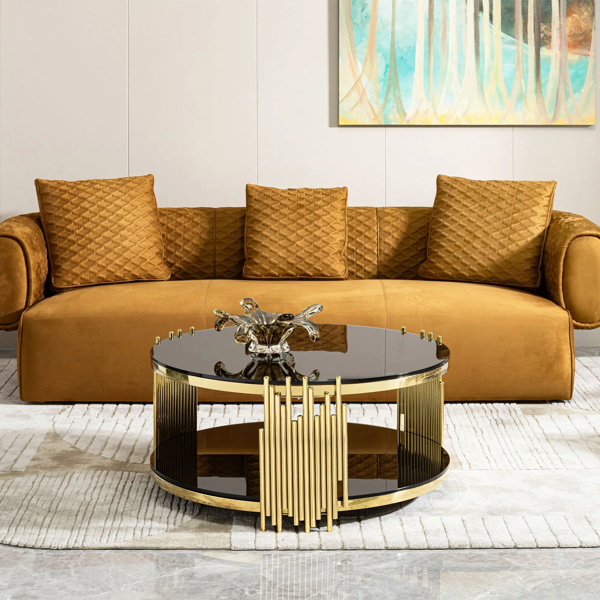 Elegant Round Table With Double Layer Tempered Glass Top And Stainless Steel Frame For Living Room - Furniture Home Direct