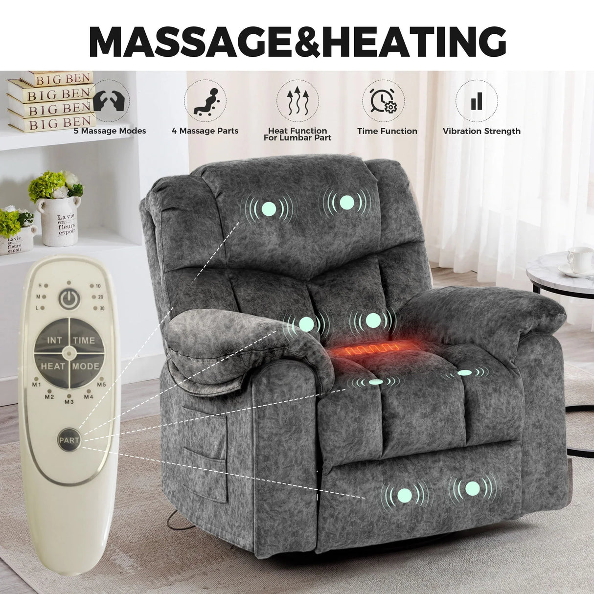 Swivel And Rocking Recliner Chair With Massage And Heating - Furniture Home Direct