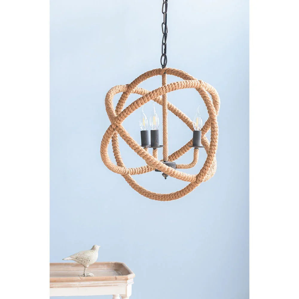 3 Light Farmhouse Chandelier, Rope Chandelier Globe Hanging Light Fixture With With Adjustable Chain For Kitchen, Bulb Not Included - Beige Brown - Furniture Home Direct