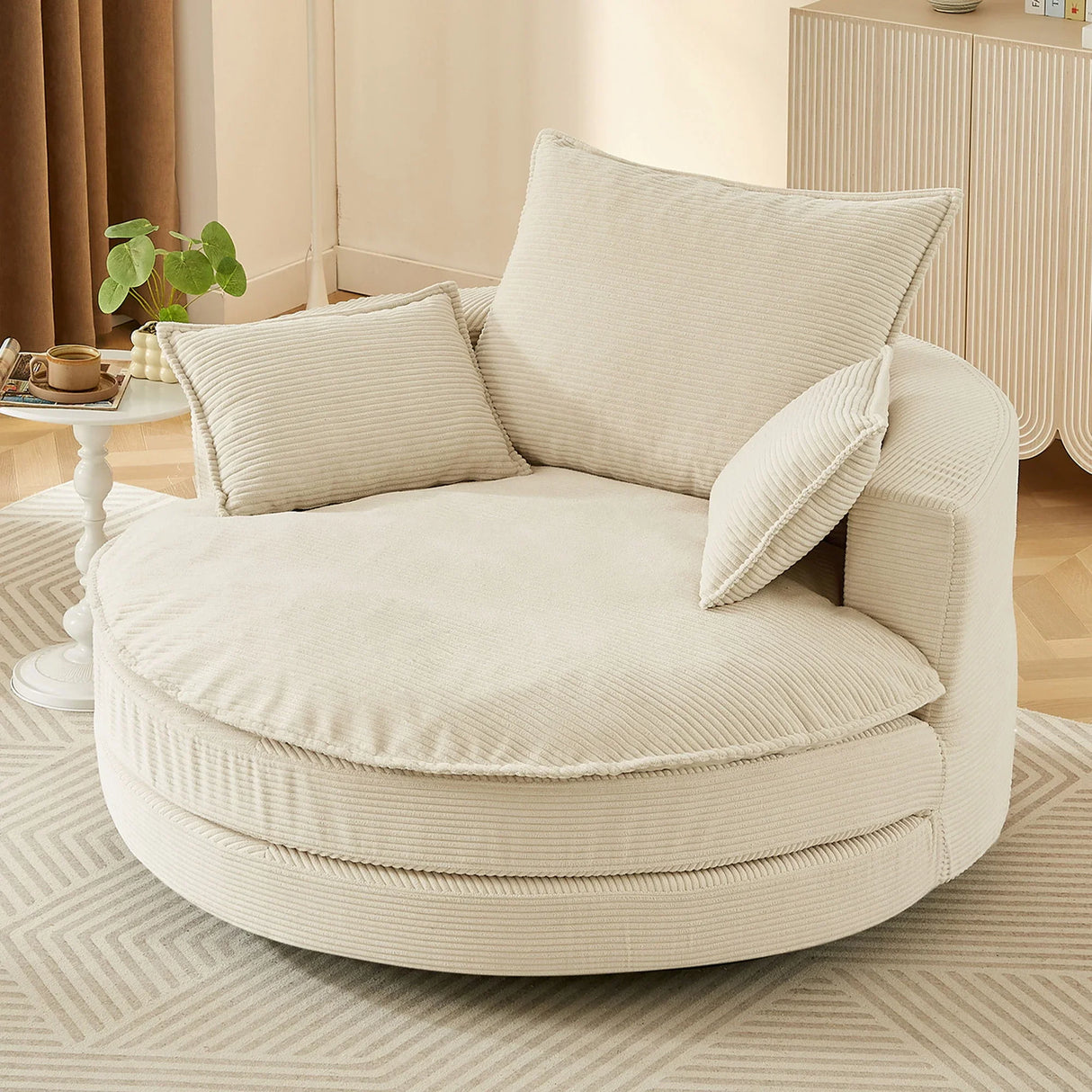 360° Swivel Accent Barrel Chair With Dual Layer Cushion And 3 Removable Pillows - Furniture Home Direct
