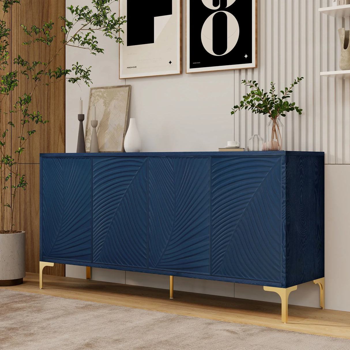 Modern 4 Door Sideboard With Creative Carved Surface And Adjustable Shelves - Furniture Home Direct