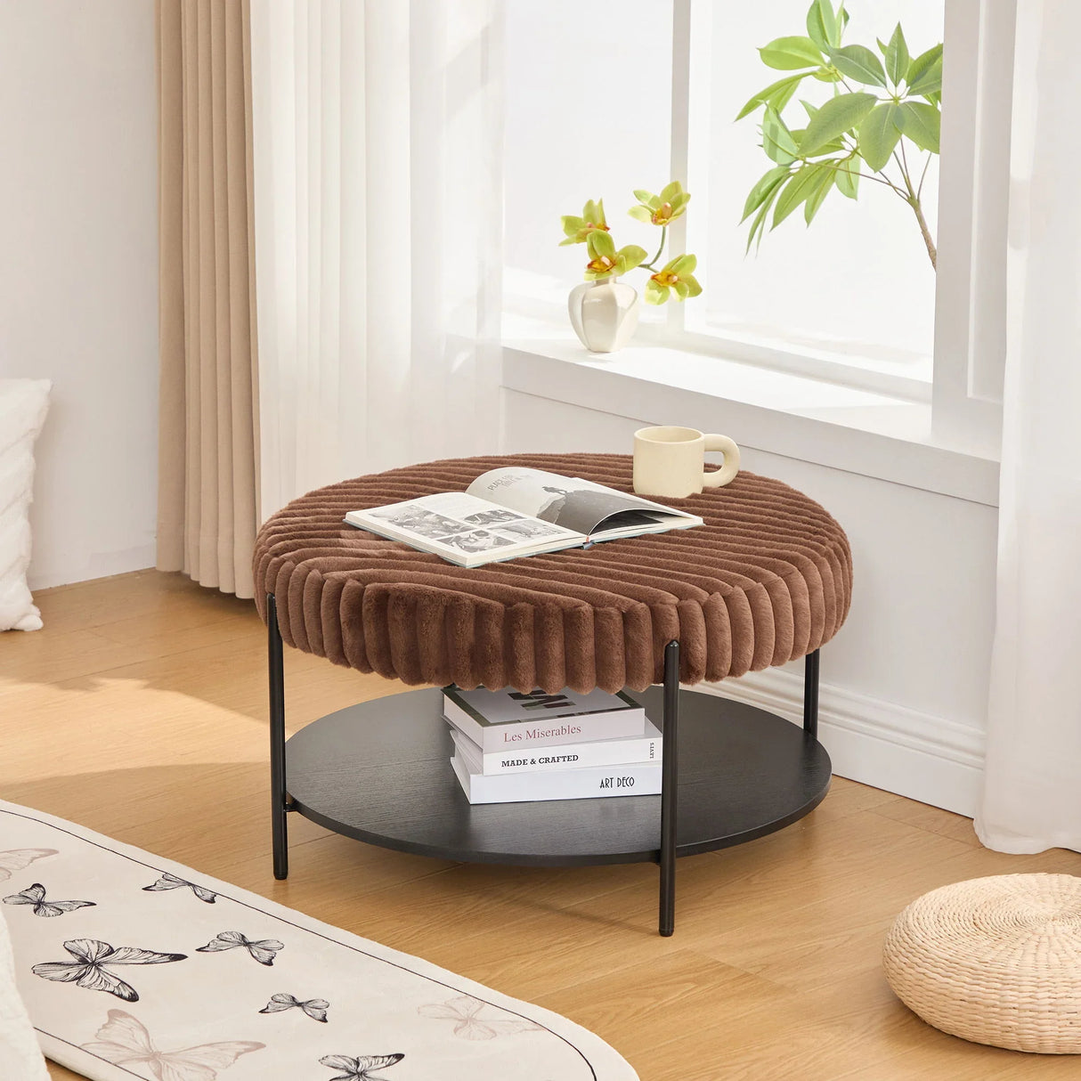 Modern Upholstered Round Ottoman Coffee Table With Storage Shelf - Furniture Home Direct