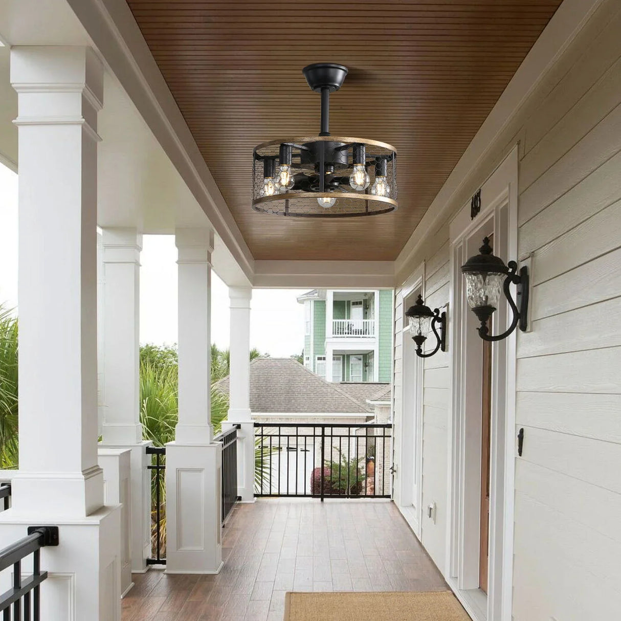 20" Industrial Caged Ceiling Fan With 7 - ABS Blades Remote Control, Small Ceiling Fan Reversible DC Motor - Black - Furniture Home Direct