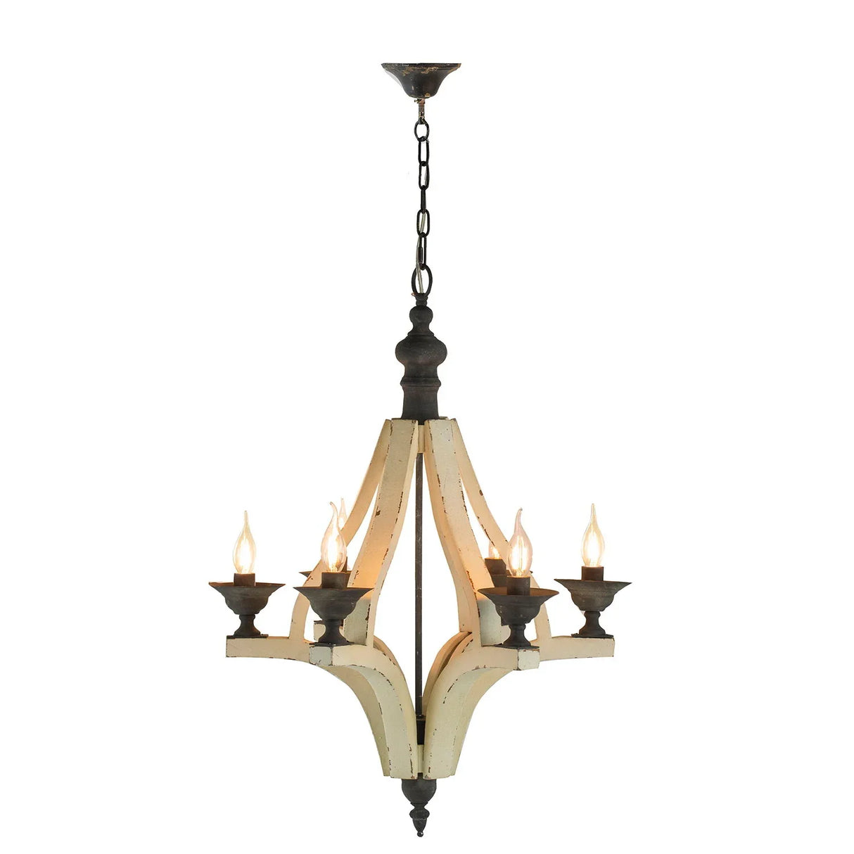6 Light Wood Chandelier, Hanging Light Fixture With Adjustable Chain For Kitchen, Bulb Not Included - Cream - Furniture Home Direct