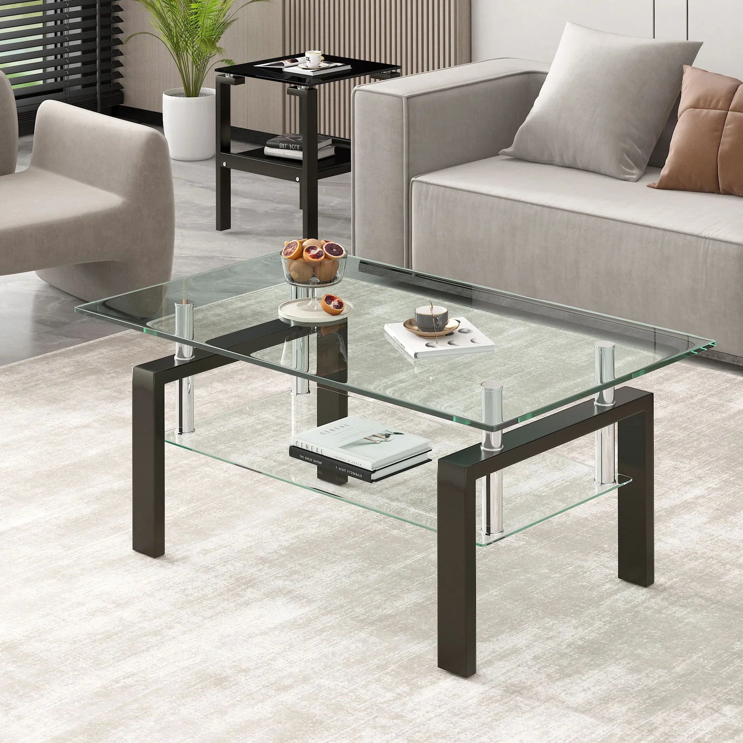 Tempered Clear Glass Coffee Table, 2-Layers Coffee Table Living Room Center Table - Black - Furniture Home Direct