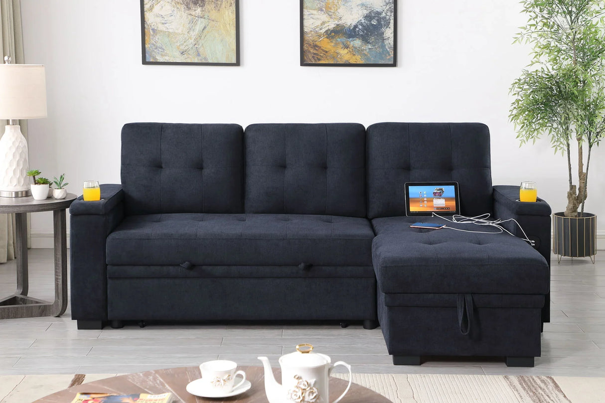 Ashlyn II - 84"W Woven Fabric Reversible Sleeper Sectional Sofa with Storage Chaise - Furniture Home Direct