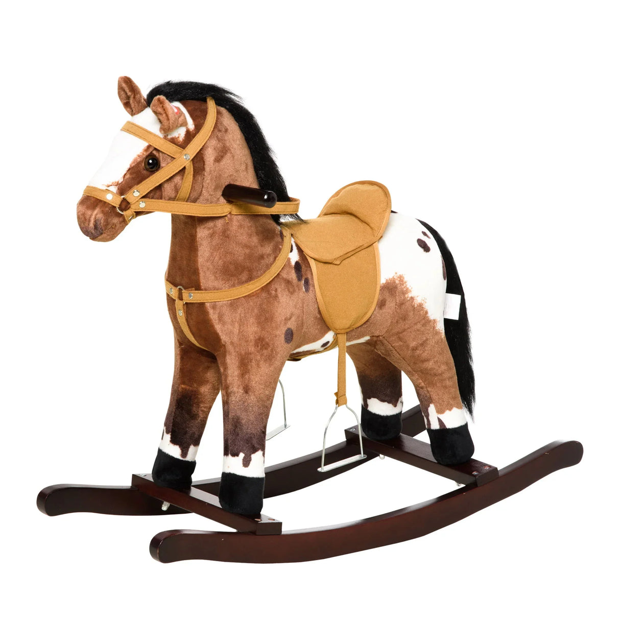 Qaba - Kids Metal Plush Ride-On Rocking Horse Chair Toy With Realistic Sounds - Dark Brown / White - Furniture Home Direct