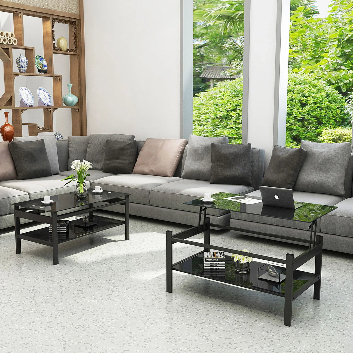 Glass Lift Top Coffee Table, Modern Simple 2-Layer Tempered Glass Coffee Table For Living Room - Black - Furniture Home Direct