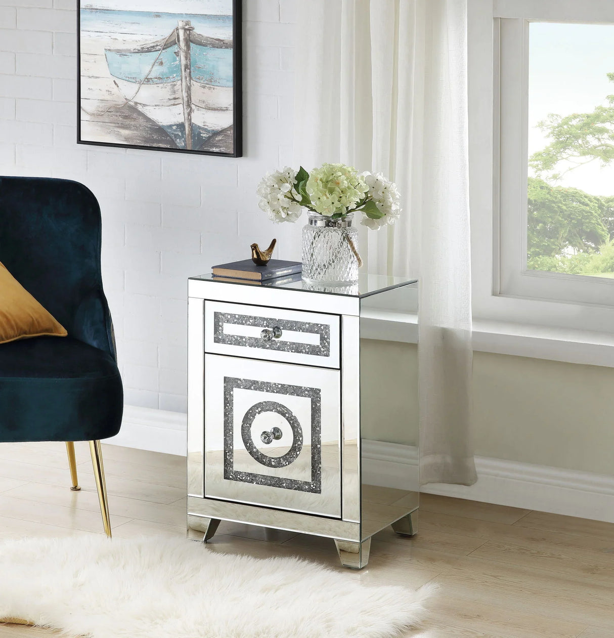 Noralie - Accent Table Mirrored Faux Dimaonds - Silver - Furniture Home Direct
