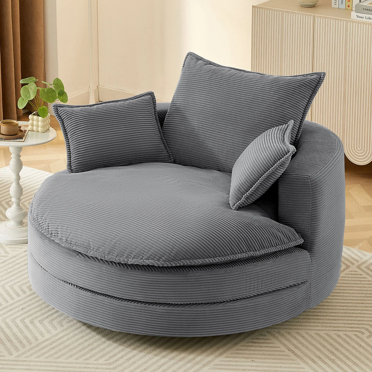 360° Swivel Accent Barrel Chair With Dual Layer Cushion And 3 Removable Pillows - Furniture Home Direct