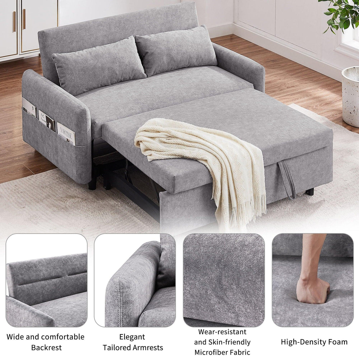 Pull Out Sleep Sofa Bed Loveseats Sofa Couch With Adjsutable Backrest, Storage Pockets, 2 Soft Pillows, USB Ports For Living Room, Bedroom, Apartment, Office - Furniture Home Direct