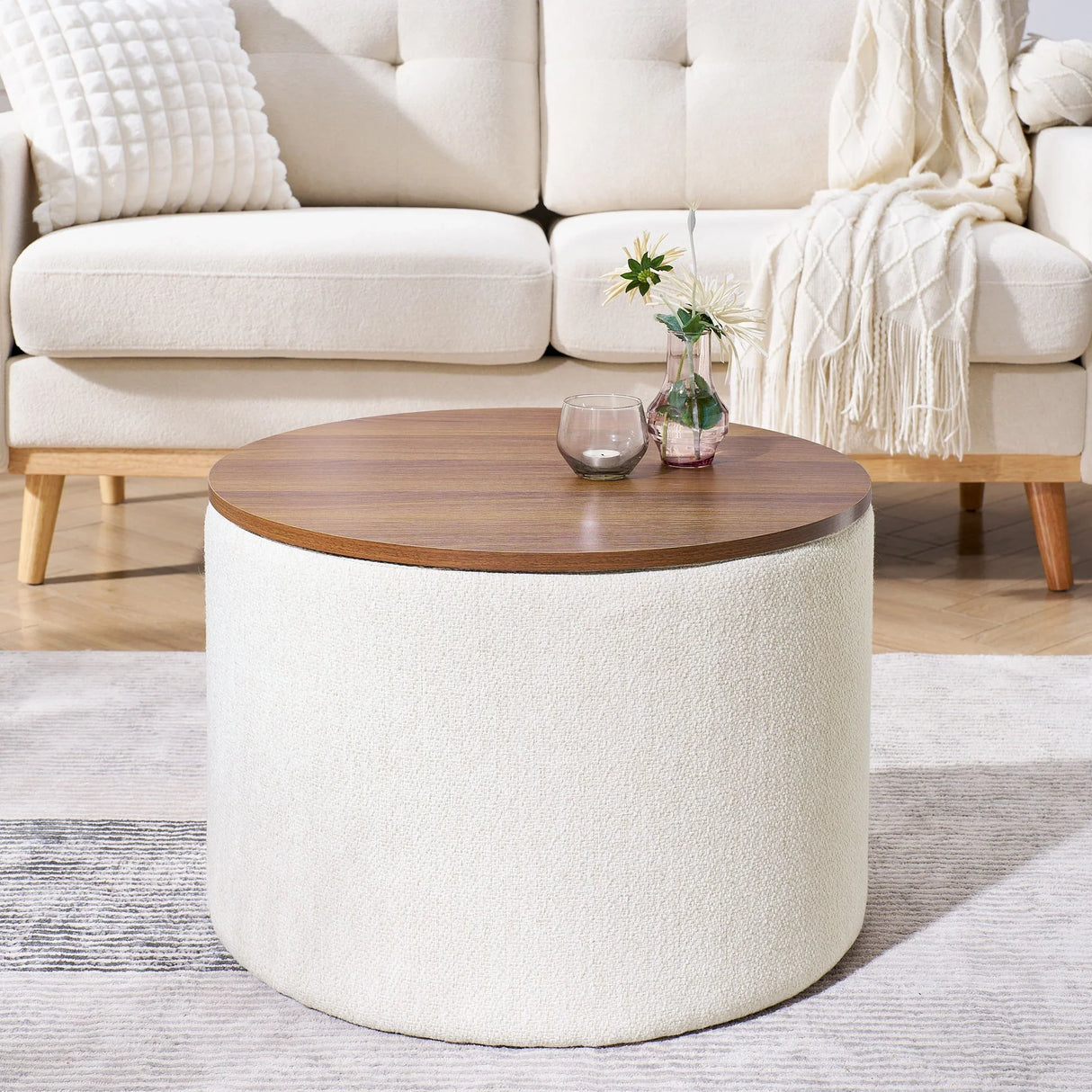 Classic 2 Piece Round Storage Ottoman Set With Drum Shaped Stool - Furniture Home Direct