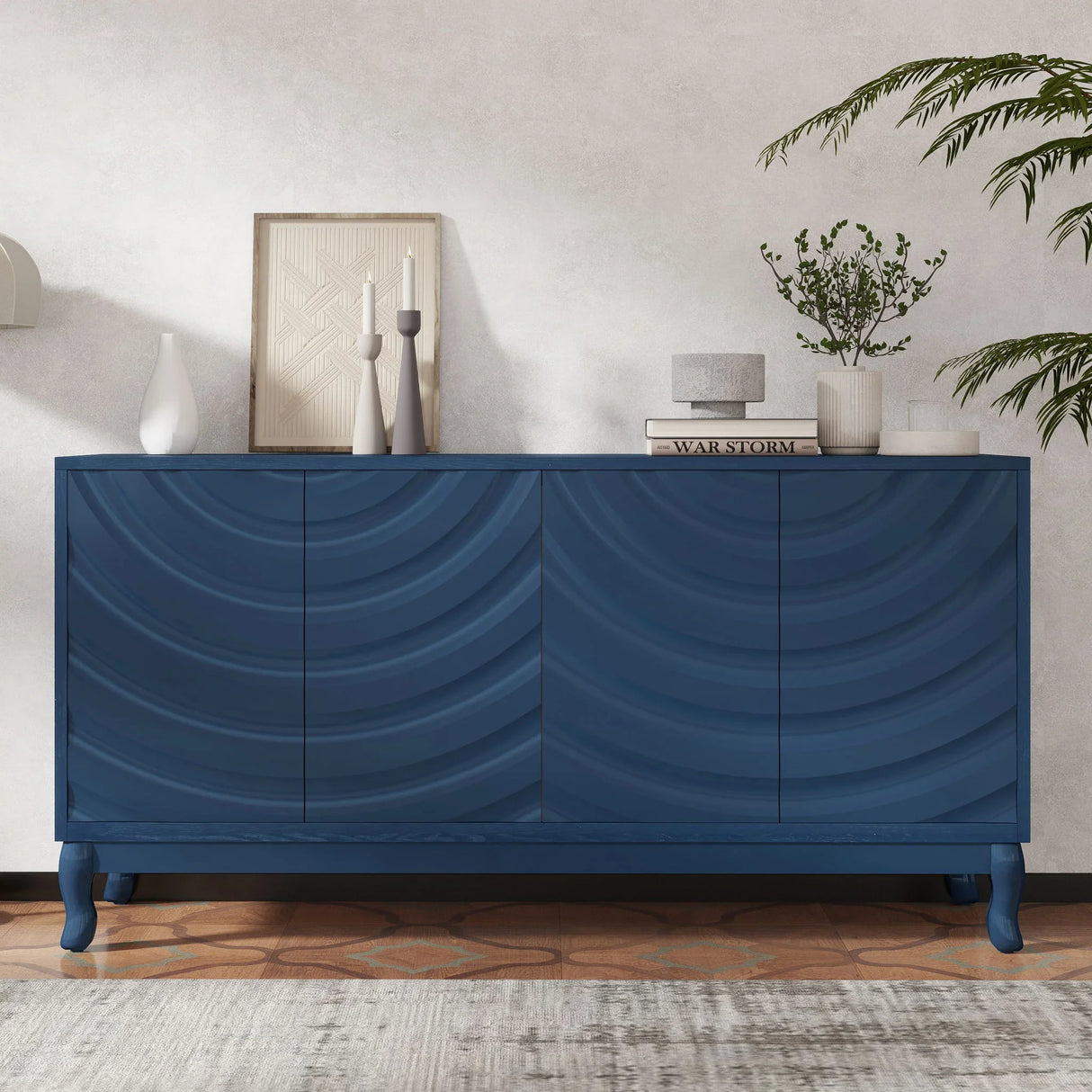 Elegant Sideboard With Sophisticated Wavy Pattern Doors And Arched Groove Design, Adjustable 4 Door Layout - Furniture Home Direct