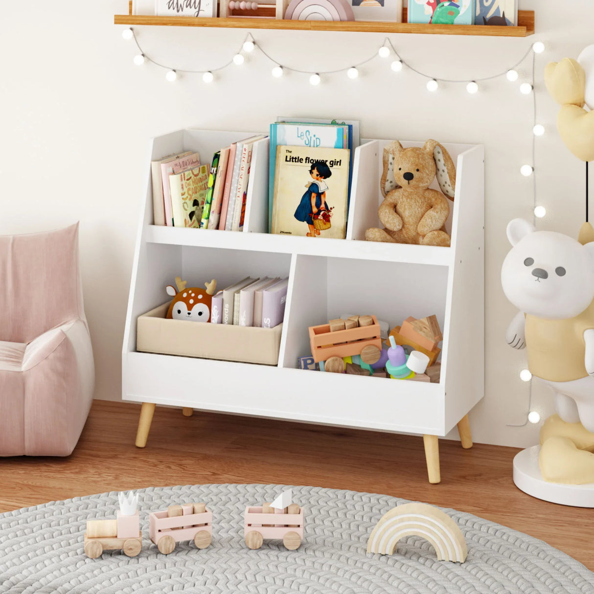 Kids Bookshelf And Toy Organizer, 5 Cubbies Wooden Open Bookcase, 2-Tier Baby Storage Display Organizer With Legs, Free Standing For Playing Room, Bedroom, Nursery, Classroom - White - Furniture Home Direct
