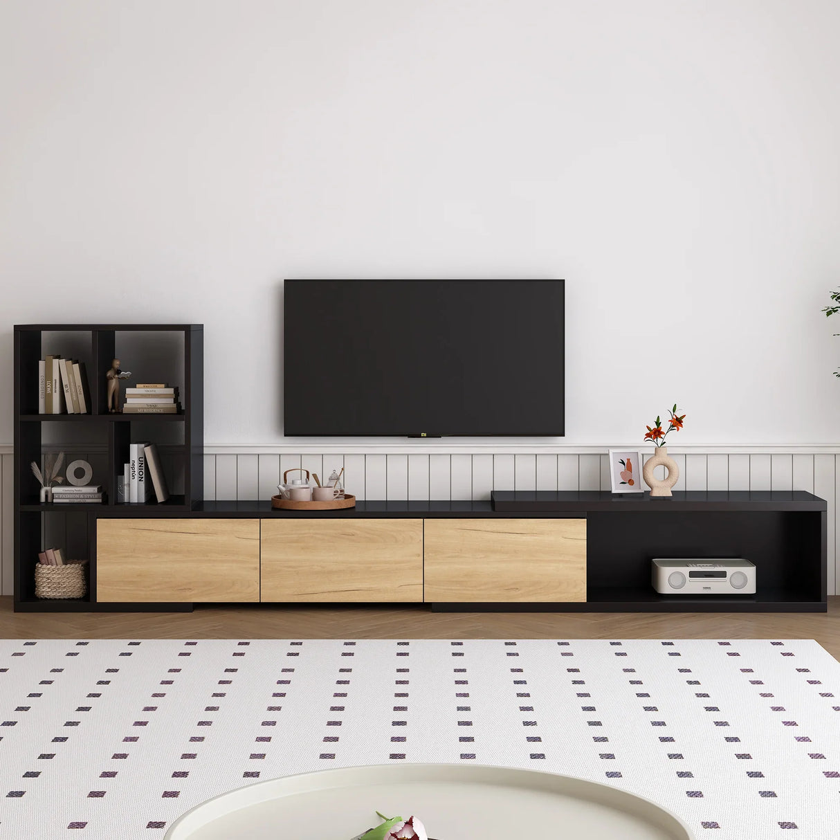 TV Stand With Open Shelves And Three Wood Drawers Black - Furniture Home Direct