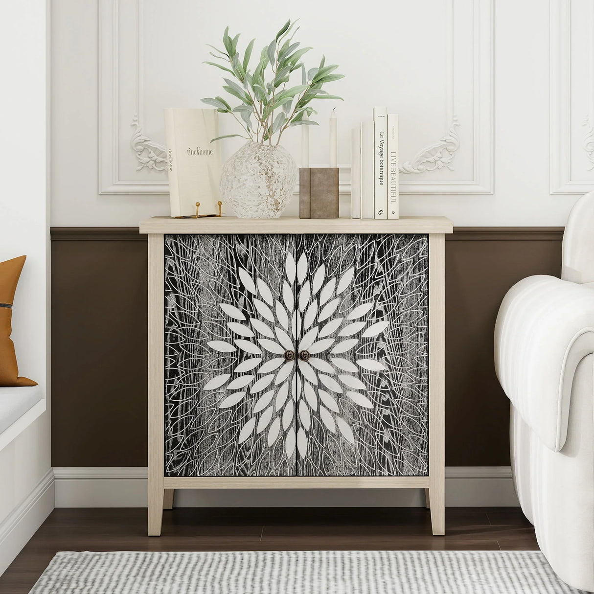 2 Door Carved Storage Cabinet With Adjustable Shelf, Accent Furniture - Furniture Home Direct