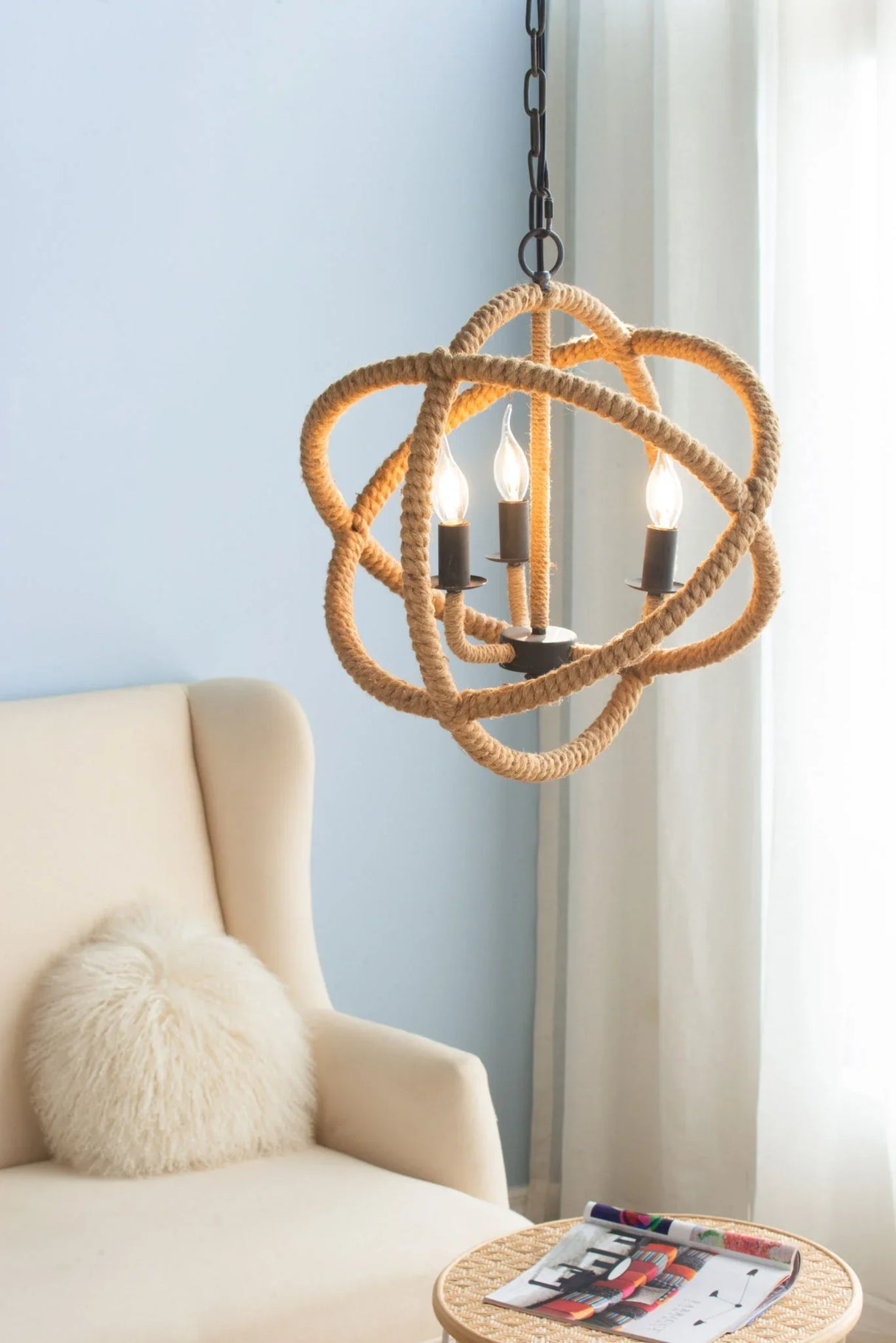 3 Light Farmhouse Chandelier, Rope Chandelier Globe Hanging Light Fixture With With Adjustable Chain For Kitchen, Bulb Not Included - Beige Brown - Furniture Home Direct