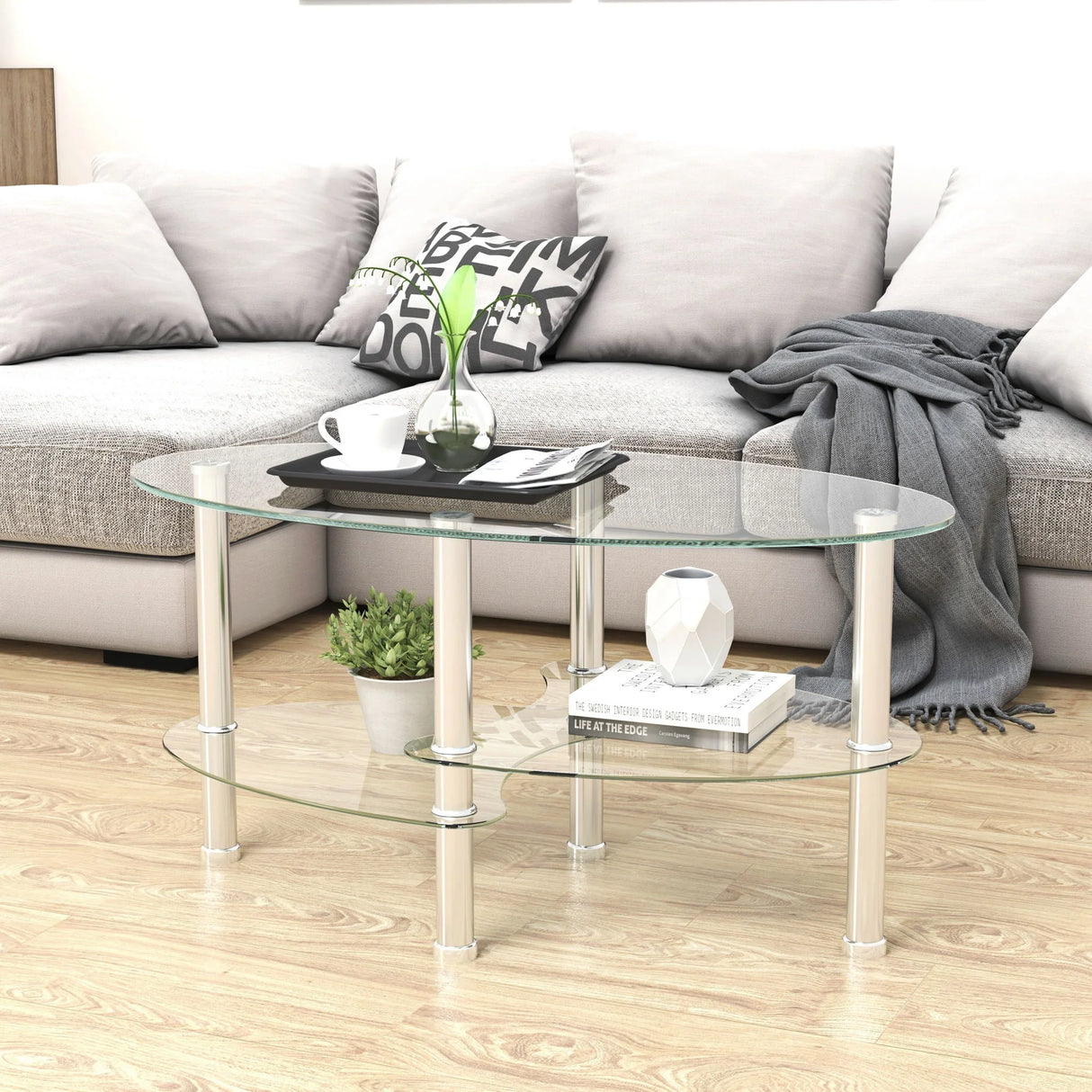 Transparent Oval Glass Coffee Table, Modern Table In Living Room Oak Wood Leg Tea Table 3-Layer Glass Table - Furniture Home Direct