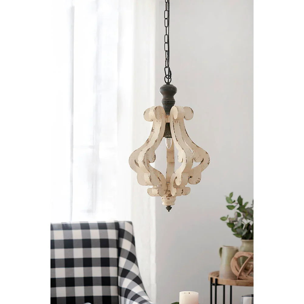 Farmhouse Chandeliar Distressed Pendant French Country Wood Chandelier For Living Room Foyer, Bulb Not Included - Antique Cream - Furniture Home Direct
