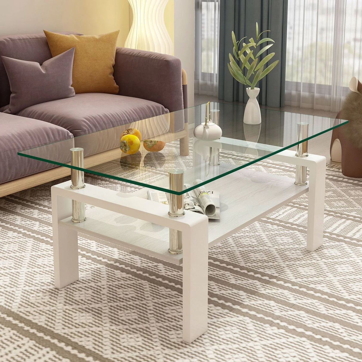 Modern Rectangular Coffee Table With Tempered Transparent Glass Top And Storage Shelf - Furniture Home Direct