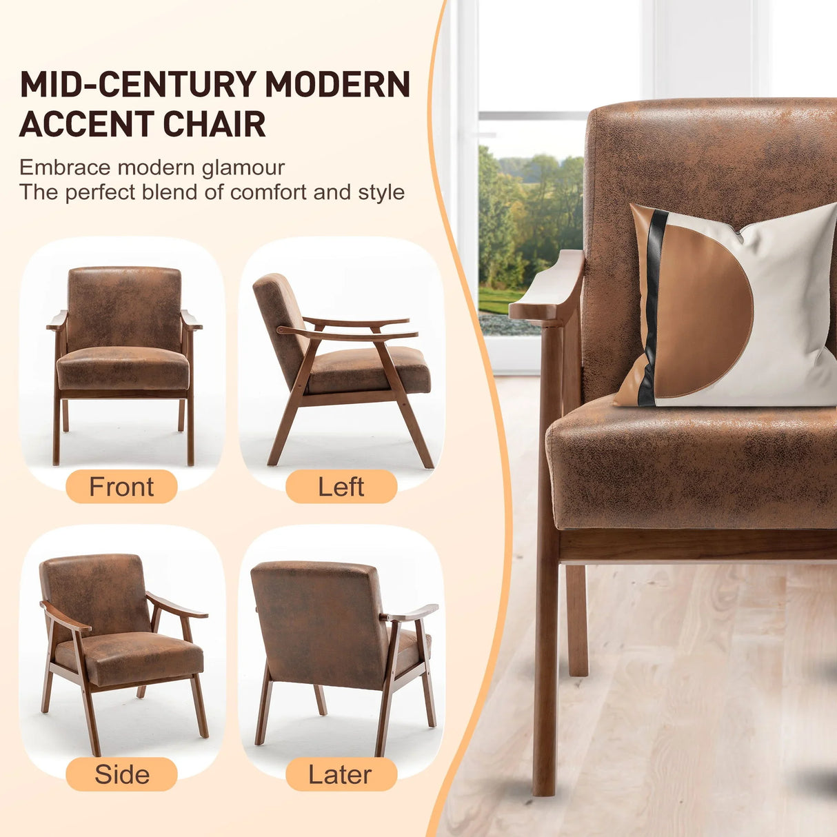 Mid Century Modern Accent Chair With Solid Wood Frame And Extra Thick Backrest - Furniture Home Direct