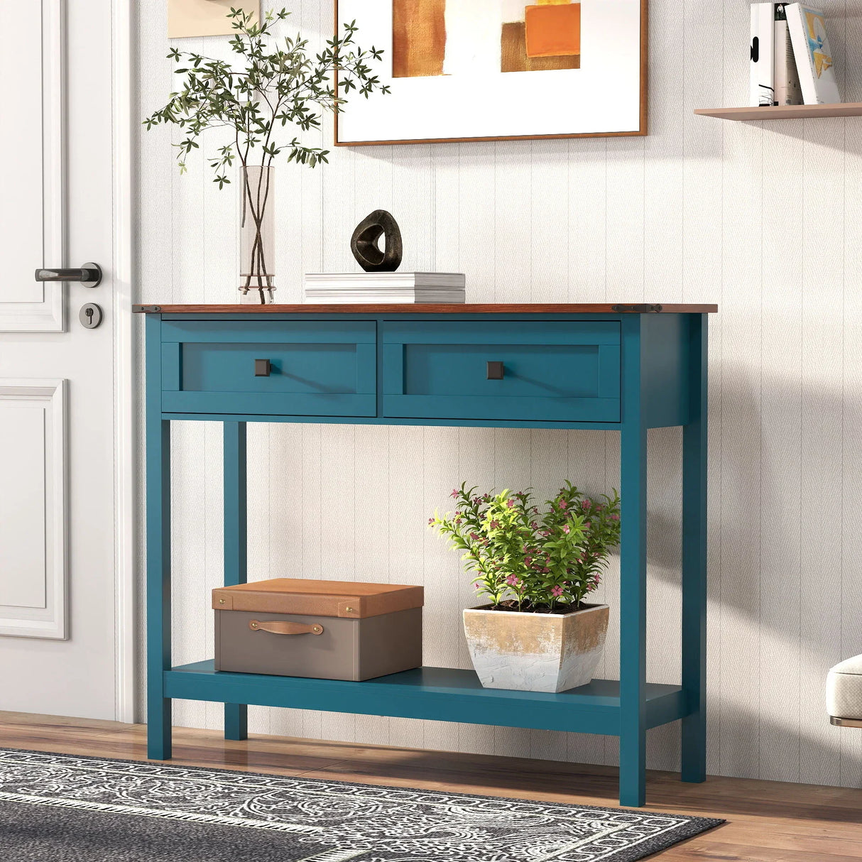 Farmhouse Style Console Table With 2 Drawers And Bottom Storage Shelf - Furniture Home Direct