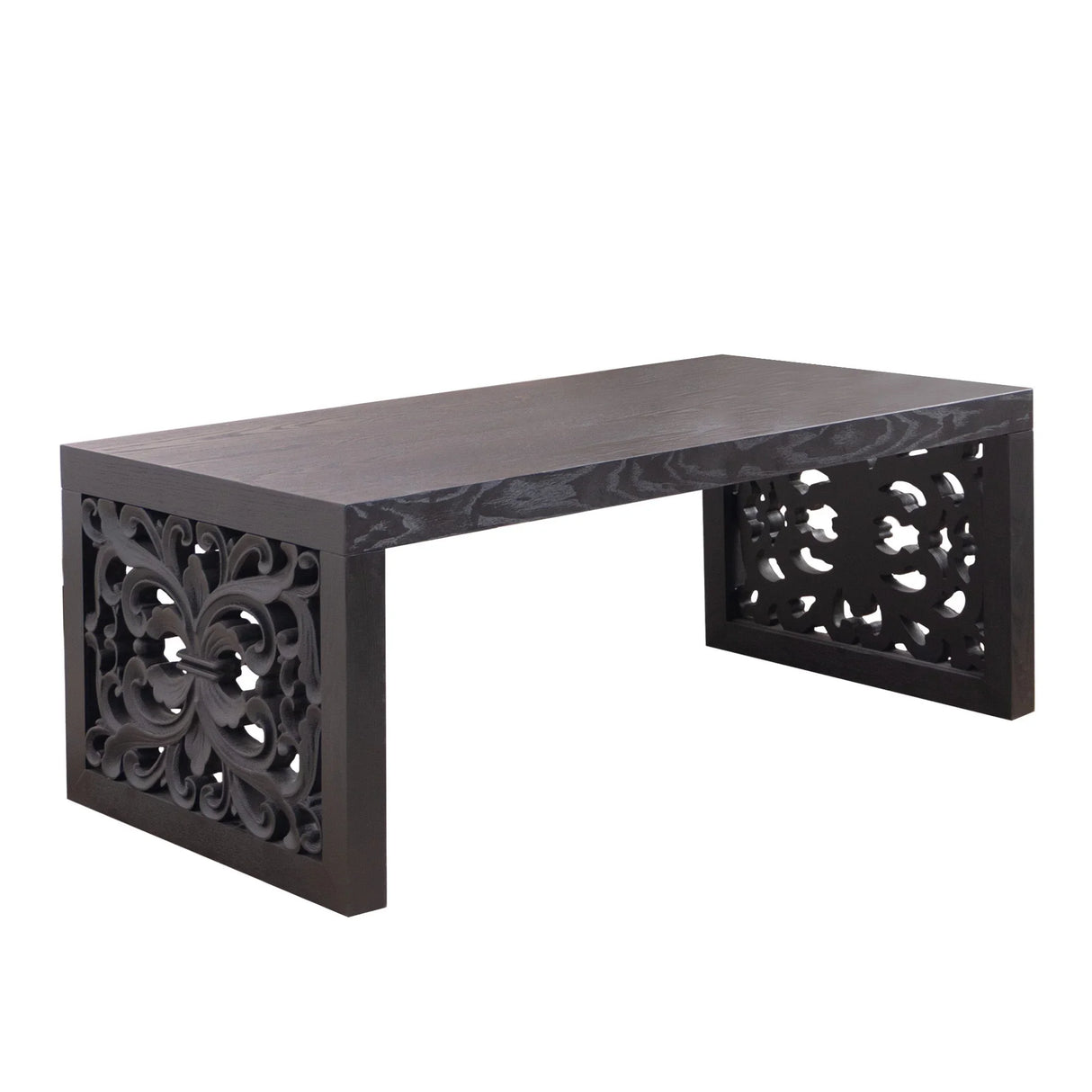 Rustic Carved Wood Coffee Table, Handcrafted Look With Ornate Side Panels - Furniture Home Direct