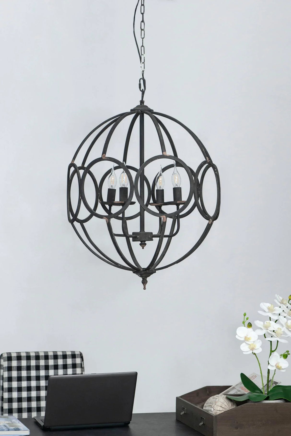 4 Light Metal Chandelier, Hanging Light Fixture With Adjustable Chain For Kitchen, Bulb Not Included - Black - Furniture Home Direct