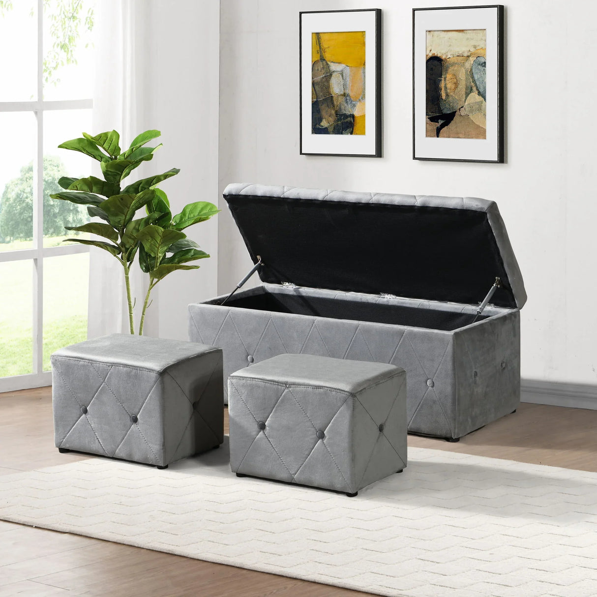 3 Piece Rectangular Storage Ottoman Short Velvet With 2 Set Ottomans - Furniture Home Direct