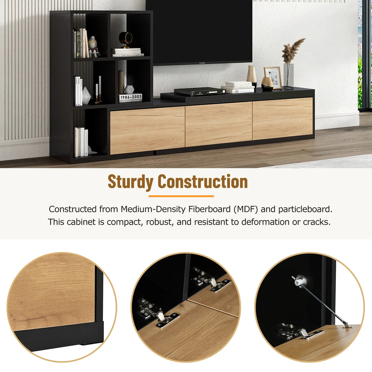 TV Stand With Open Shelves And Three Wood Drawers Black - Furniture Home Direct