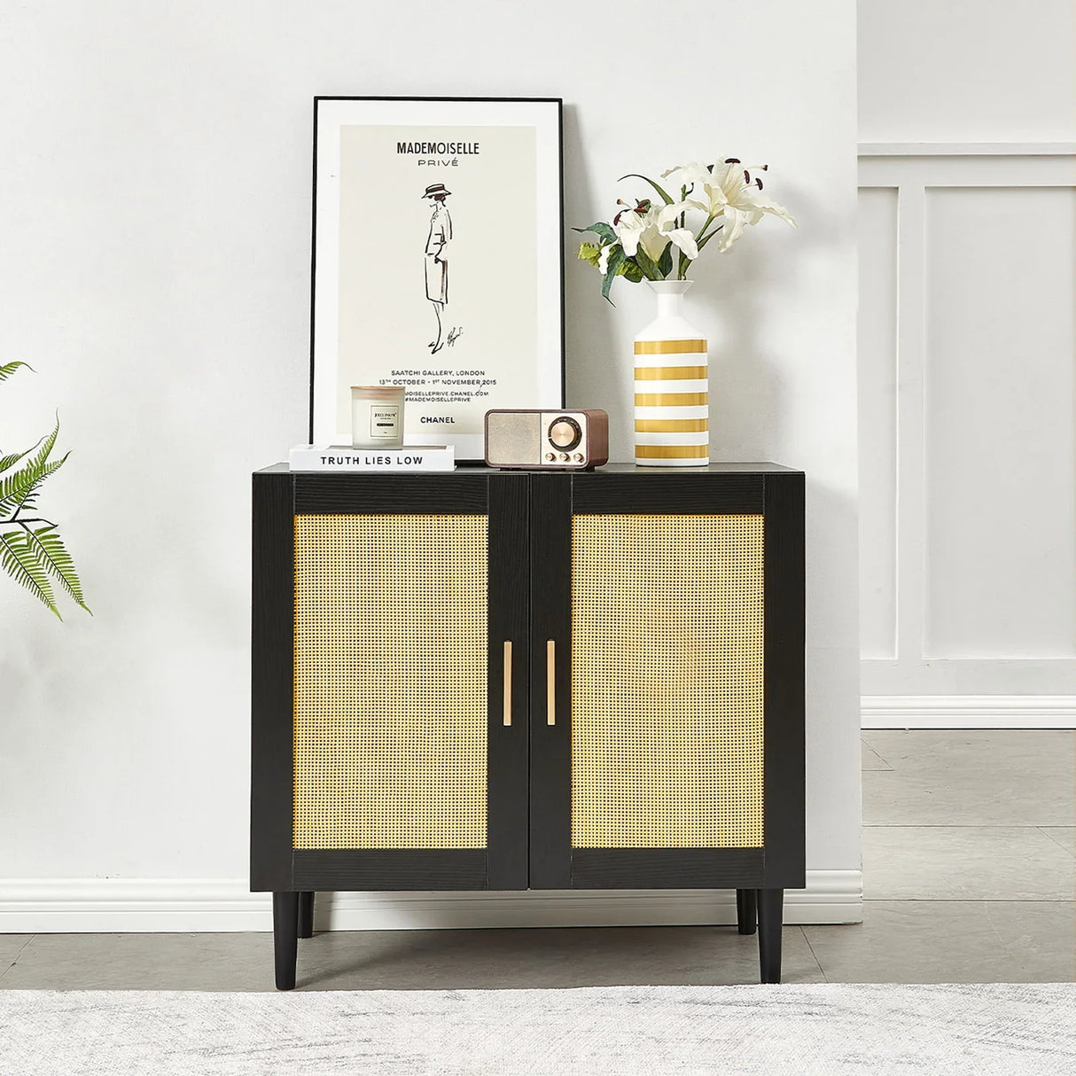 Side Panel Buffet Cabinet With Natural Rattan Door, Rattan Storage Cabinet With Adjustable Shelves, Side Panel And Buffet With Storage Space, Modern Console Cabinet In Bedroom And Living Room - Black / Beige - Furniture Home Direct