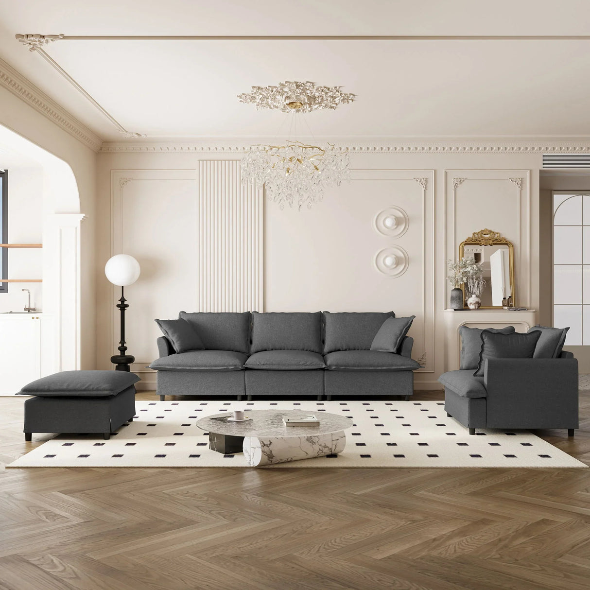 Living Room Set Modular Sectional Couch, Upholstered Sofa & Armchair & Movable Ottoman - Furniture Home Direct