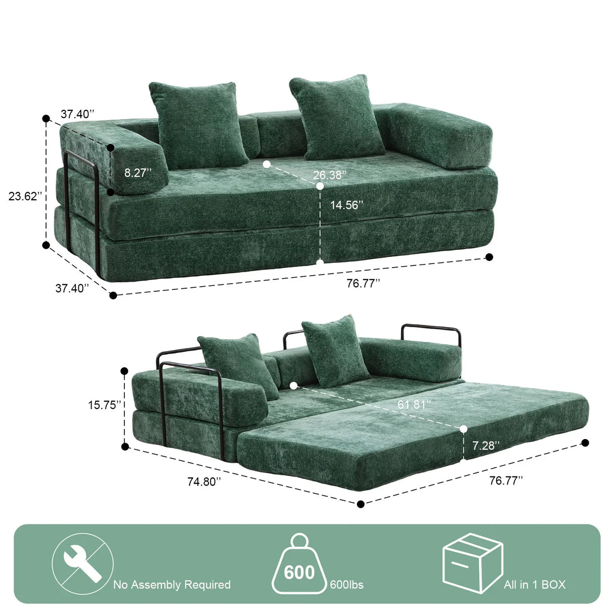 Convertible Floor Sofa Bed With Pillow Back Support Armrest - Furniture Home Direct