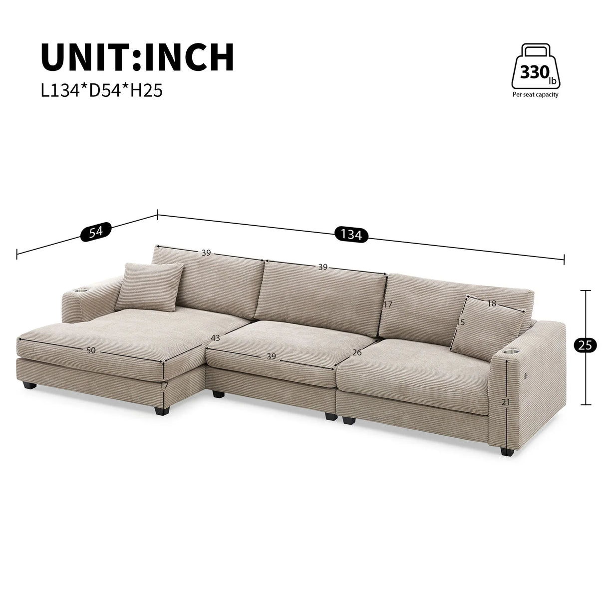 Oversized Sectional L Shaped Cloud Couch With USB Charging Port Cup Holder Deep And Wide Seat Sofa With Chaise Comfy - Furniture Home Direct