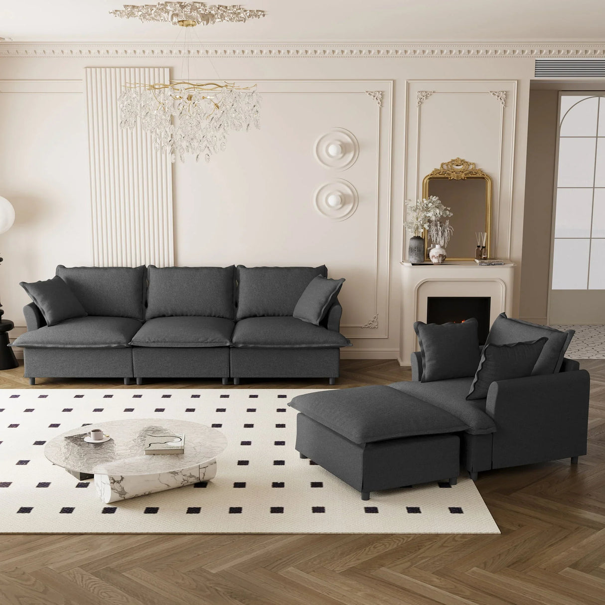 Living Room Set Modular Sectional Couch, Upholstered Sofa & Armchair & Movable Ottoman - Furniture Home Direct