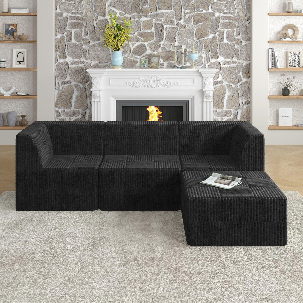 Modern Minimalist L Shape Modular Sectional Sofa, Sleeper Corduroy Couch - Furniture Home Direct