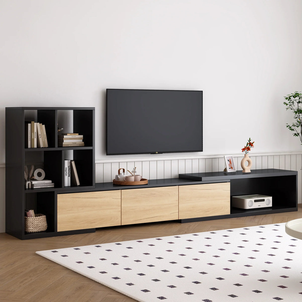 TV Stand With Open Shelves And Three Wood Drawers Black - Furniture Home Direct