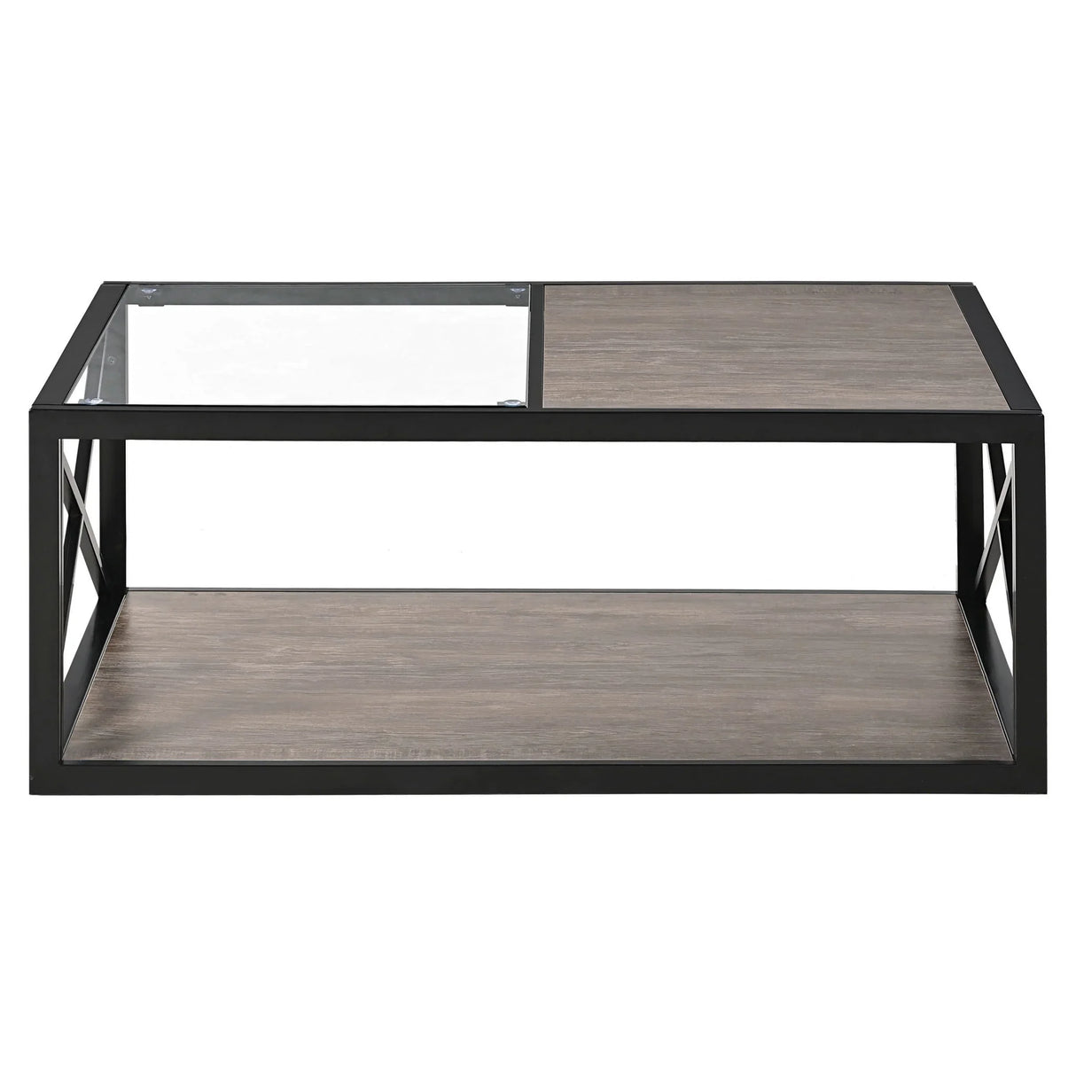 Industrial Style Coffee Table For Bedroom & Living Room With Tempered Glass & Wood Grain - Wood - Furniture Home Direct