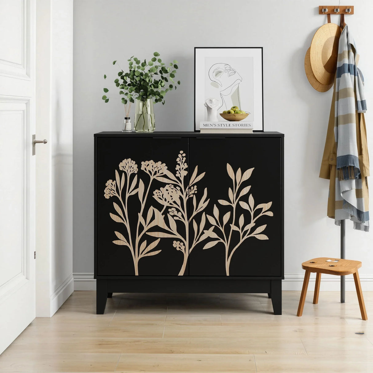 Vintage Carved Cabinet With Adjustable Shelves - Black - Furniture Home Direct