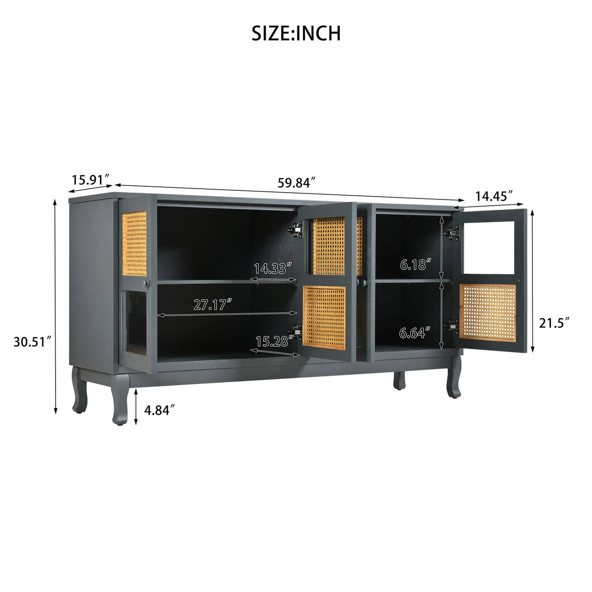 Retro Industrial 4 Door Sideboard With Large Storage, Rattan And Glass Doors - Furniture Home Direct