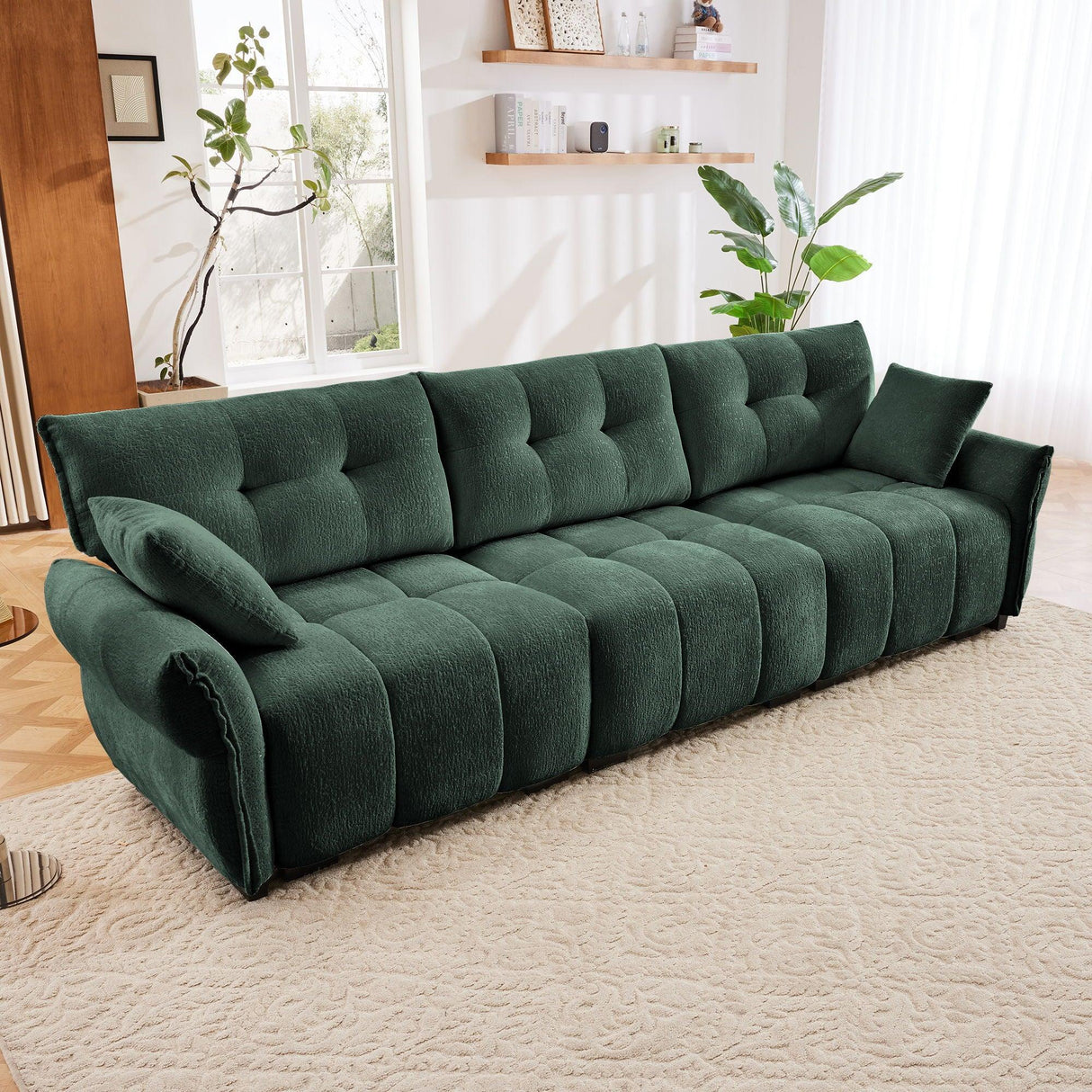 Elegant 3 Seater Sofa Set & Pillows Frame, High Rebound Cushions - Textured Green - Furniture Home Direct