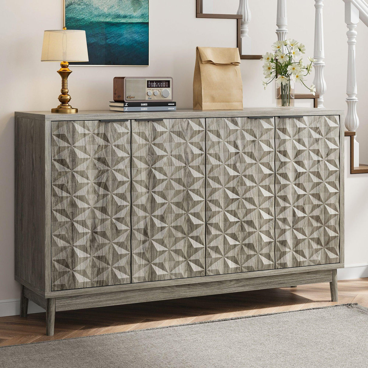 Modern Style Buffet Cabinet, Sideboard Buffet Cabinet With Storage, Storage Cabinet With 4 Diamond Shaped Relief Doors For Living Room, Dining Room, Entryway, Hallway, Kitchen - Gray - Gray - Furniture Home Direct