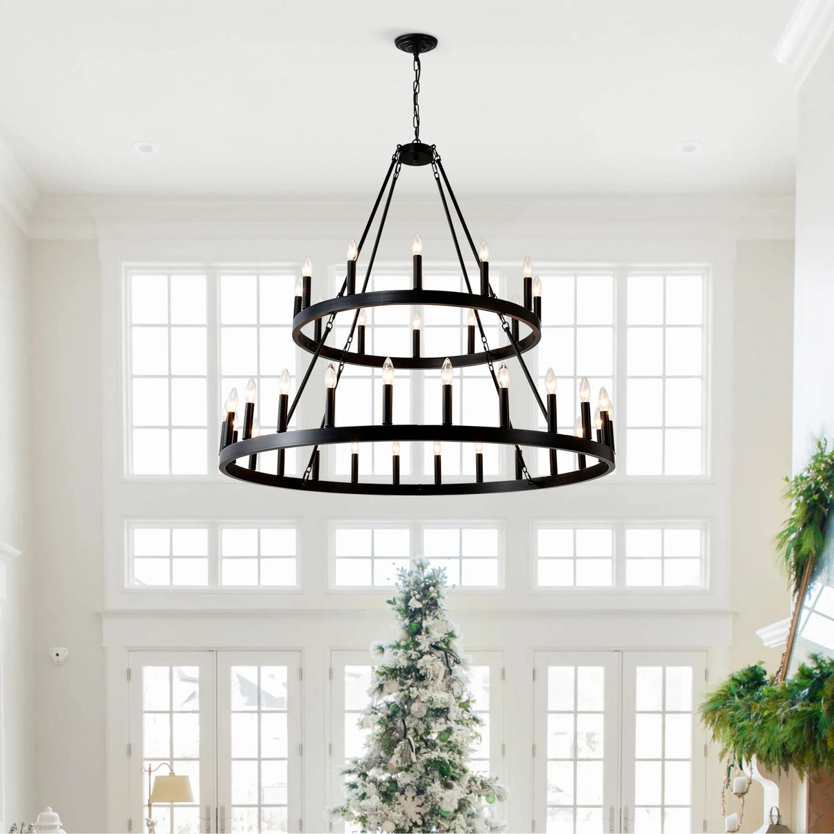 2 Tiers Wagon Wheel Chandelier Wooden Farmhouse 36 Light (24 / 12) Or (12 / 24) Metal Chandeliers 2 Story Light Fixtures Industrial For High Ceiling Living Dining Room Foyer, Adjustable Height - Black - Furniture Home Direct